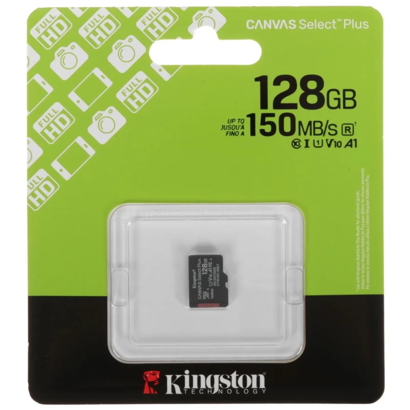 Карта памяти MicroSD  128GB  Kingston Class 10 Canvas Select Plus A1 U1 V10  (150 Mb-s) без адаптера