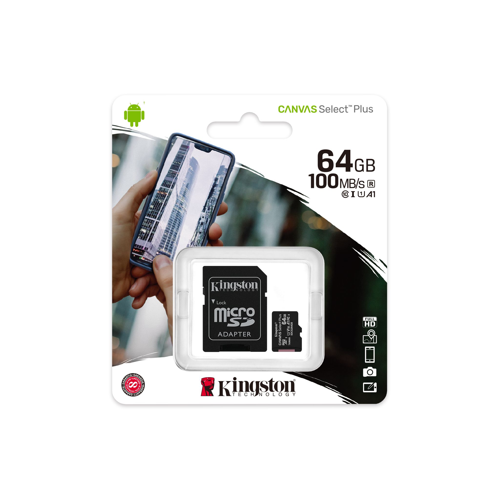Карта памяти MicroSD 64Gb Kingston Class 10 Canvas Select Plus A1 без адаптера